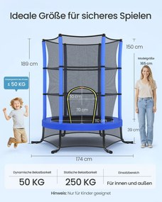 Trampolim infantil de 174 cm com rede de segurança azul