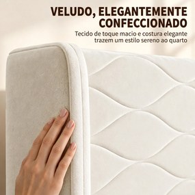 Cama Estofada 140x200 cm  (COLCHÃO NÃO INCLUIDO)  com Cabeceira Acolchoada com Abas em Veludo, Ripas de Madeira, Montagem Fácil, Bege