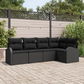 Conjunto de Sofá de Jardim de 5 Peças com Almofadas Preto Rattan de Po