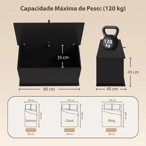 Baú de Arrumação 102L com Dobradiça de Segurança, Estilo Moderno, para Corredor, Quarto e Sala de Estar, 80x40x45 cm, Preto