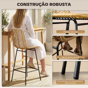 Bancos Altos de Cozinha em Vime Sintético Bancos de Bar Modernos com Pés de Aço 42,5x52x102 cm Madeira e Preto