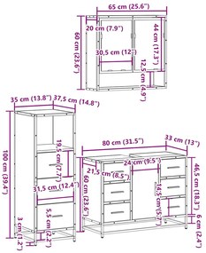 3 pcs Conjunto móveis casa de banho madeira proc. cinza sonoma