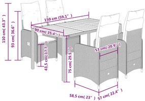 5 pcs conjunto bistrô de jardim c/ almofadões vime PE preto
