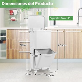 Caixote do lixo de 2 níveis Capacidade 40L Caixote do lixo de cozinha com fundo inclinado Design Rodas Altura elevada com pedal