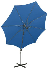 Guarda-sol jardim cantilever poste/luzes LED 300 cm azul-ciano