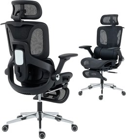 Cadeira de Escritório com Encosto Reclinável e Alto Suporte Lombar Transpirável Apoios de Braço 4D e Encosto de Cabeça Ajustável 67x74x113-132 cm Pret