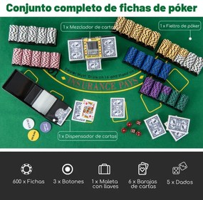 Conjunto de 600 fichas de póquer com estojo 6 baralhos de cartas 5 dados e 3 botões do dealer Sapato de cartas de feltro para póquer Preto