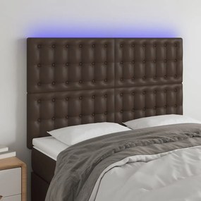 vidaXL Cabeceira cama c/ LED couro artif. 144x5x118/128 cm castanho