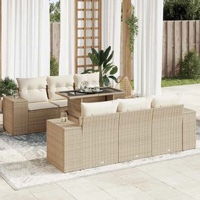 7 pcs conjunto de sofás p/ jardim com almofadões vime PE bege