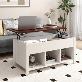 Mesa de centro de madeira elevável multifuncional com 3 prateleiras abertas para sala de estar 105 x 52 x 49 cm branca
