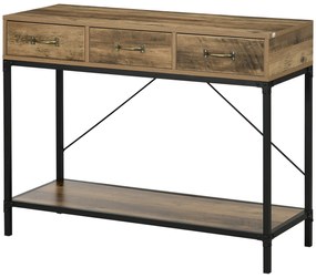 HOMCOM Mesa Console Mesa de Apoio de Entrada Industrial 3 Gavetas 1 Prateleira Aspecto de Madeira 100x35x76,5 cm Marrom Claro Preto | Aosom Portugal