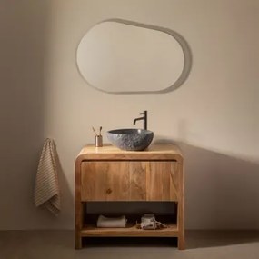 Conjunto De Móvel De Casa De Banho Em Madeira Vacry Castanho Acácia & Irregular Em Cimento Preto ??40 Cm Fedro & Oval Led E - Sklum