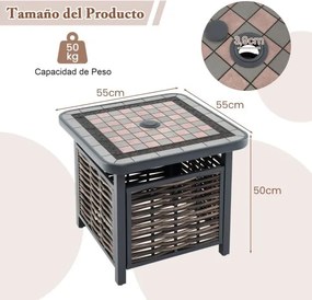 Mesa jardim de rattan PE com tampo de resina Estrutura metálica com furo para guarda-sol 55 x 55 x 50 cm Preto e Castanho