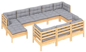 10pcs conjunto lounge de jardim + almofadões cinza pinho maciço