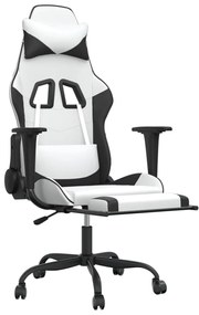 Cadeira gaming c/ apoio p/ pés couro artificial preto e branco