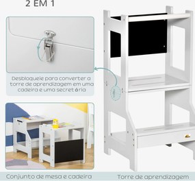 Torre de Aprendizagem para Crianças de Madeira Convertível em Secretária com Ardósia e Barra de Segurança 42x44x86 cm Cinza