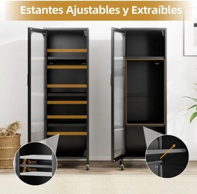 Armário Cozinha metálico 45 x 40 x 141 cm de 5 níveis Despensa de cozinha alta e estreita com prateleiras ajustáveis e porta semitransparente Preto