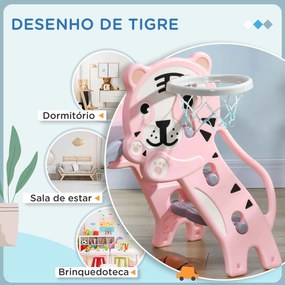 Escorrega para Crianças 2 em 1 com 2 Degraus Cesta de Basquetebol e Desenho de Tigre para Interior 133x60x70 cm Rosa