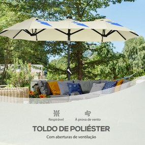 Outsunny Chapéu de Sol Duplo com Luzes LED 280x146x227cm Chapéu de Sol de Jardim com Inclinação de 45° Manivela Estrutura de Aço para Pátio Varanda Piscina Bege