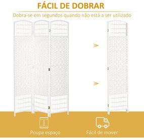 Biombo Separador de Ambientes de 3 Painéis 120x170 cm Divisória de Ambientes Dobrável com Corda de Papel e Estrutura de Madeira Branco