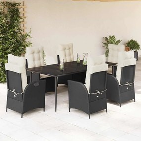 7 pcs conjunto de jantar p/ jardim c/ almofadões vime PE preto