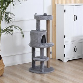 Arranhador para gatos Ø 48 x 104 A cm com vários acessórios: arranhadores, plataformas, compartimentos abertos e bola suspensa cinzento