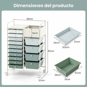 Carrinho de Armazenamento, 63 x 37 x 87,5 cm, 14 Gavetas, Verde