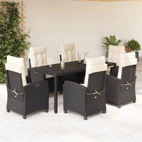 7 pcs conjunto de jantar p/ jardim c/ almofadões vime PE preto