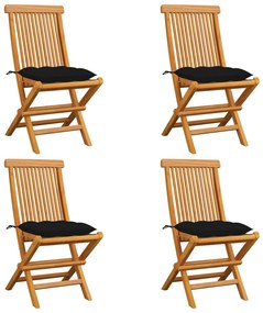 Cadeiras de jardim c/ almofadões pretos 4 pcs teca maciça