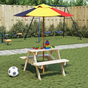 vidaXL Mesa de piquenique para 4 crianças com guarda-sol abeto maciço