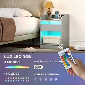 Mesa de Cabeceira com Luzes LED Gaveta 40x40x58 cm com Estação de Carregamento Entrada USB e Controlo Remoto Cinzento