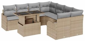 Conjunto de Sofá de Jardim 9 Peças com Almofadas Bege Poliratan