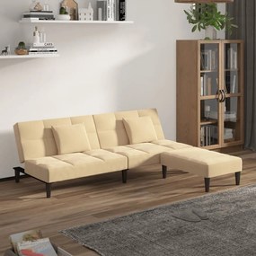 Sofá-cama 2 lug. c/ 2 almofadas e apoio de pés veludo cor creme