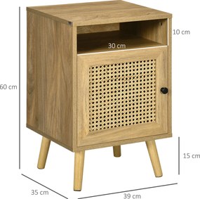 Mesa de cabeceira com armário, porta em vime e compartimento aberto, estilo vintage, 39 x 35 x 60 cm, natural