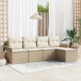 vidaXL Conjunto de Sofá de Jardim de 5 Peças com Almofadas Bege de Vime Poliéster.