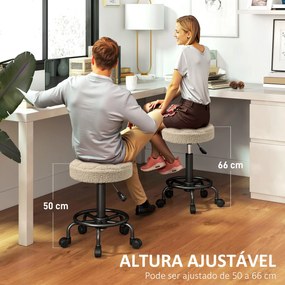 Banco Giratório Cosmetica Redondo Banco com Rodas Altura Regulável 50-66 cm Assento Estofado em Tecido tipo Borreguito Castanho Claro