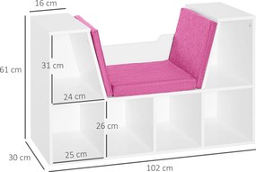 Estante 102x30x61cm com Assento Estante com 6 Cubos e Banco com Almofada 102x30x61cm Branco e Rosa