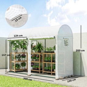 Estufa de jardim  300 x 100 x 200 cm, pequena estufa de varanda em lona de PE com estrutura de aço, portas e janelas de enrolar, branca