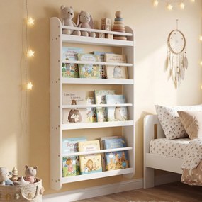 Estante infantil de parede com 4 níveis 56 x 12 x 107 cm, prateleiras abertas, barras de segurança e bordas elevadas para quarto infantil ou sala de a