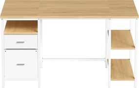 Secretária com 3 prateleiras e 2 gavetas 140 x 60 x 76 cm em cor de carvalho natural-branco