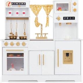 Cozinha de brincar para crianças com cafeteira Lava-loiça Torneira Fogão Dispensador de água Forno micro-ondas Forno Utensílios Cortina Sons e luzes B
