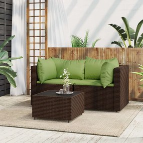 vidaXL 3 pcs conjunto lounge jardim c/ almofadões vime PE castanho
