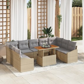 Conjunto de Sofá para Jardim de 10 Peças com Almofadas Bege Rattan PE