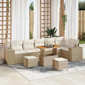 Conjunto de Sofás de Jardim de 9 Peças com Almofadas em Rattan Poliéster Beje Acácia