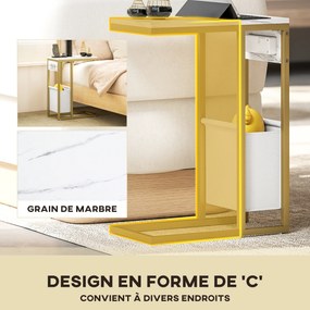 Mesa auxiliar em forma de C com estação de carregamento, saco de arrumação em tecido e tampo com efeito de mármore, 46 x 25 x 62,5 cm, branco e dourad