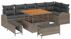 Conjunto de Sofá de Jardim de 9 Peças com Almofadas Cinzas em Polyratt