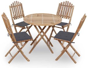 5 pcs conj. de jantar dobrável c/ almofadões p/ exterior bambu