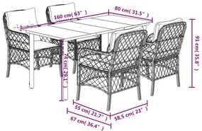 5 pcs conjunto de jantar p/ jardim c/ almofadões vime PE preto