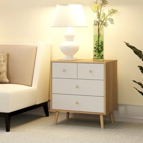Comoda de 4 Gavetas com Puxadores de Madeira Cómoda Estreita para Sala Corredor 60x35x65 cm Madeira e Branco