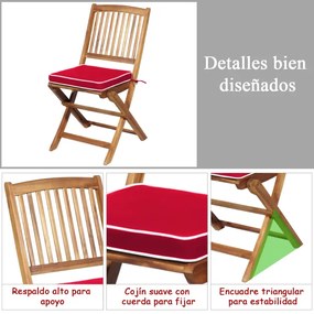 Conjunto 5 Peças Móveis Bistro de Madeira 2 Cadeiras com Almofada Mesa de Madeira de Acácia Mesa de Exterior Dobrável para Terraço Jardim Piscina Verm